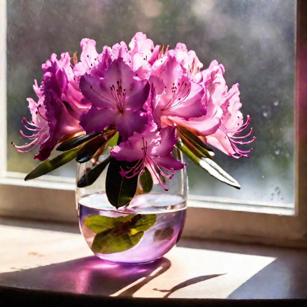 Розовые и фиолетовые цветы рододендрона в стеклянной вазе на подоконнике на солнечном весеннем утре.