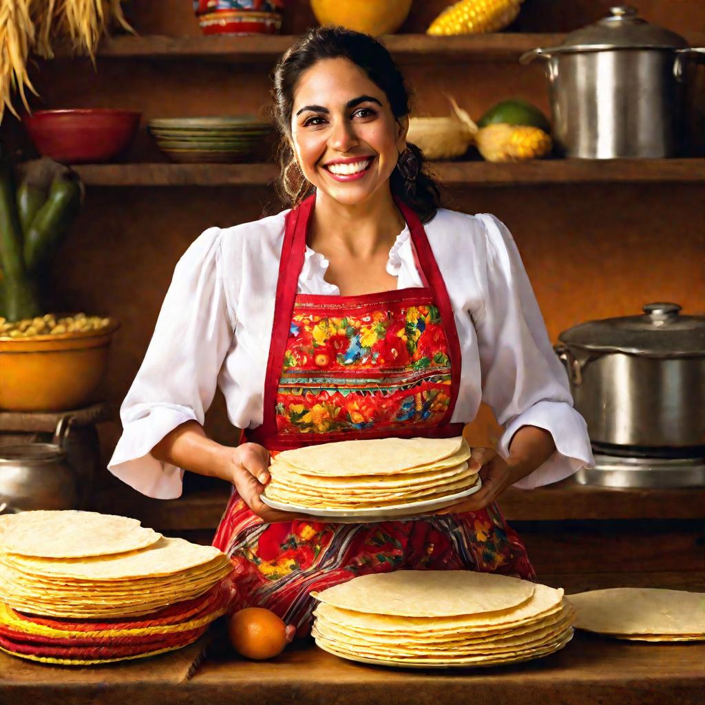 Женщина держит тарелку с готовыми кукурузными тортильями