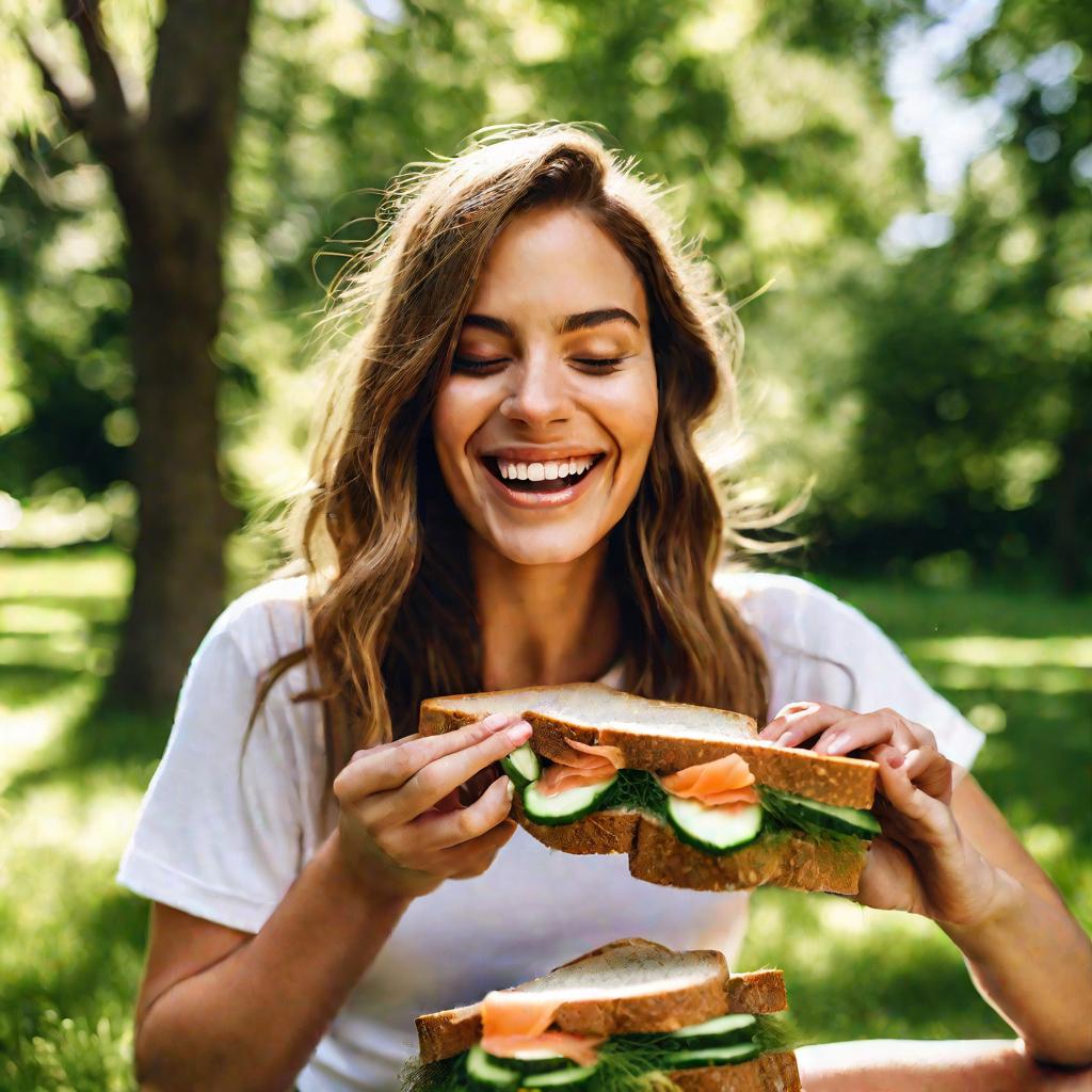 Женщина ест бутерброд с лососем на скамейке в парке