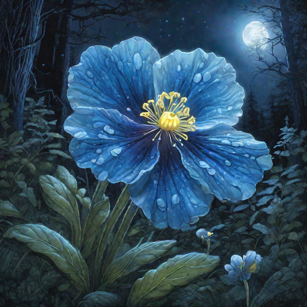 Фантастическая сцена: синий цветок первоцвета, окруженный свечением, на поляне в лесу ночью при луне