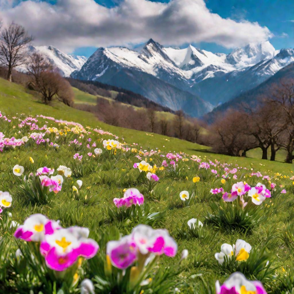 Обширный цветущий луг с первоцветами у подножия горы