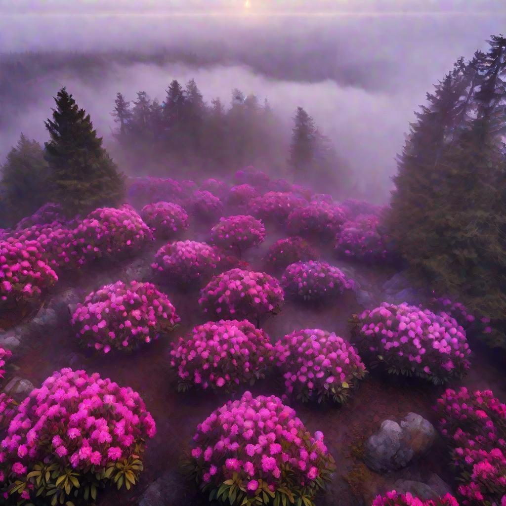 Ряды цветущих кустов рододендрона в тумане