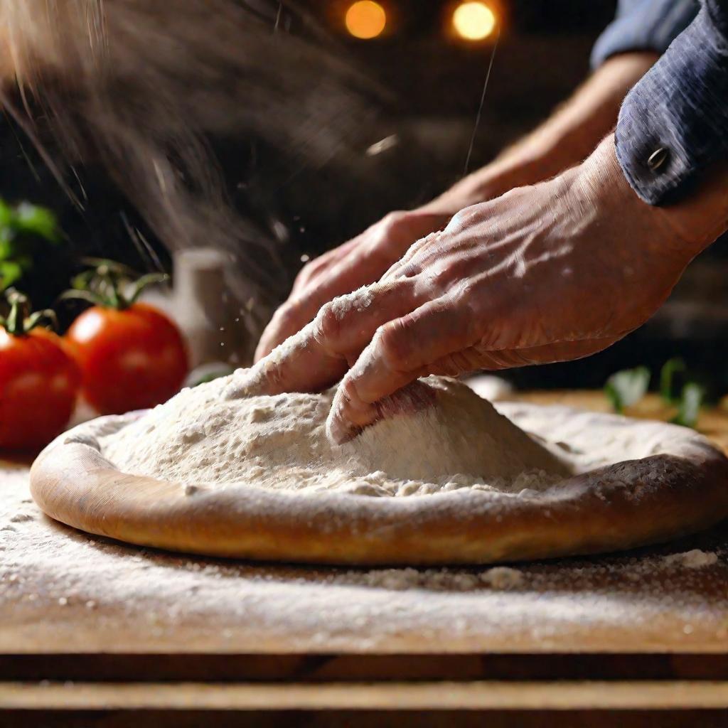 Руки раскатывают тесто для пиццы