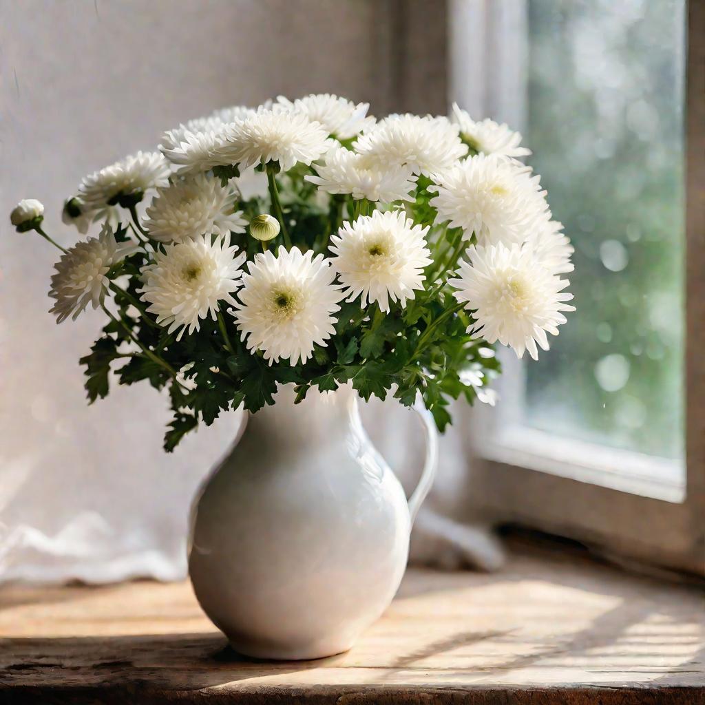 Букет белых хризантем в белой вазе, освещение из окна