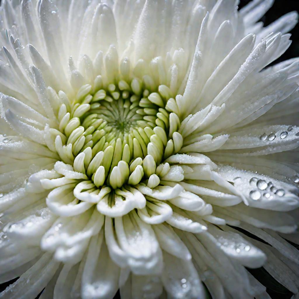 Макро крупным планом цветка белой хризантемы с каплями росы на лепестках