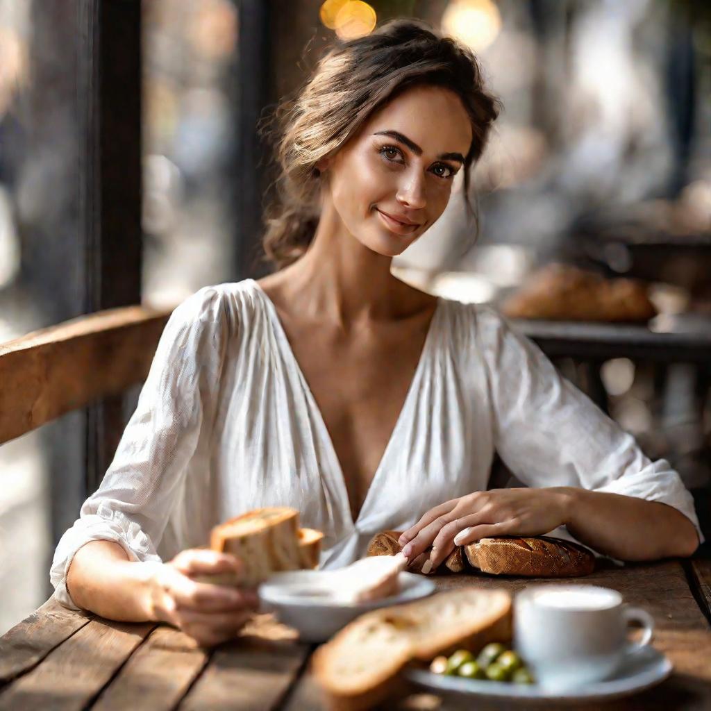Девушка завтракает маслом в кафе