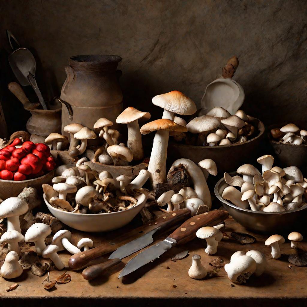 Различные лесные грибы разбросаны по столу с ножами, мисками и кухонной утварью.