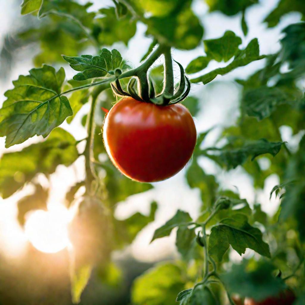 Крупный план красного помидора на размытом фоне зеленых листьев и веток в мягком утреннем солнечном свете