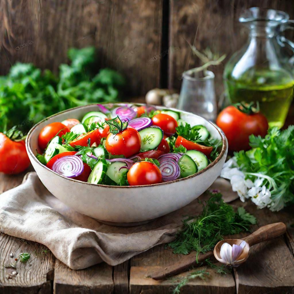 Тарелка с салатом из помидоров Санька с огурцами и зеленью