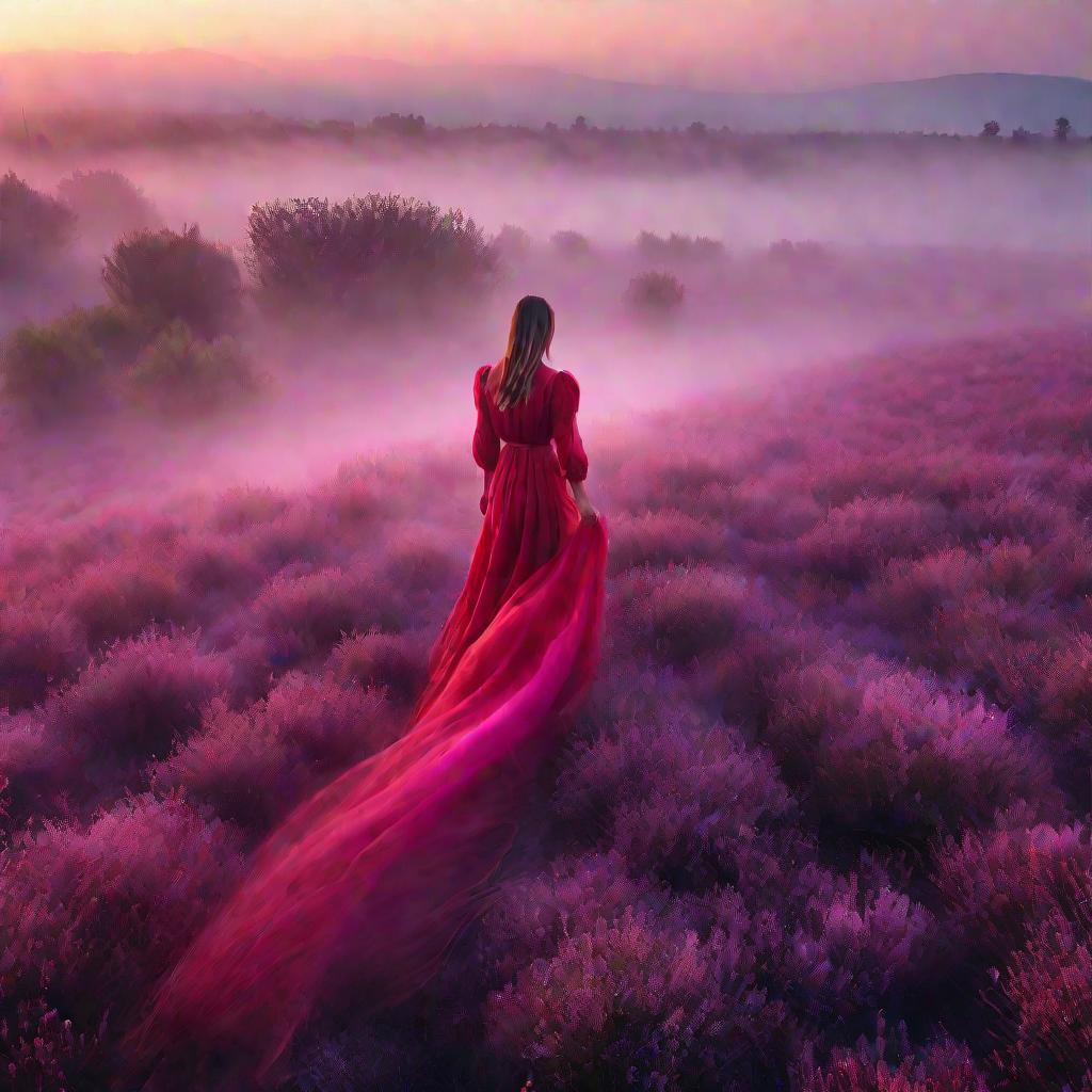 Женщина в красном платье идет по полю чабреца на рассвете