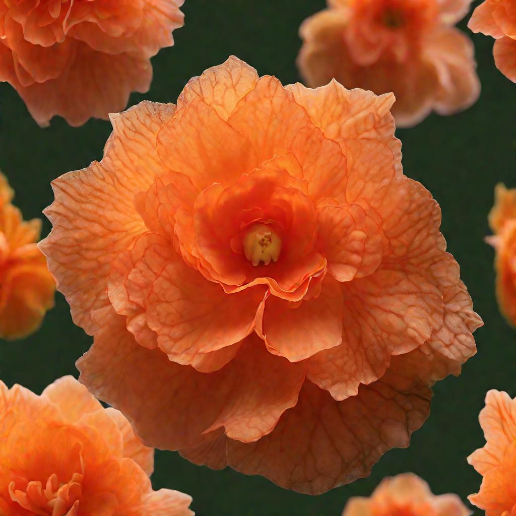 Крупный махровый цветок бегонии оранжевого цвета на темно-зеленом фоне