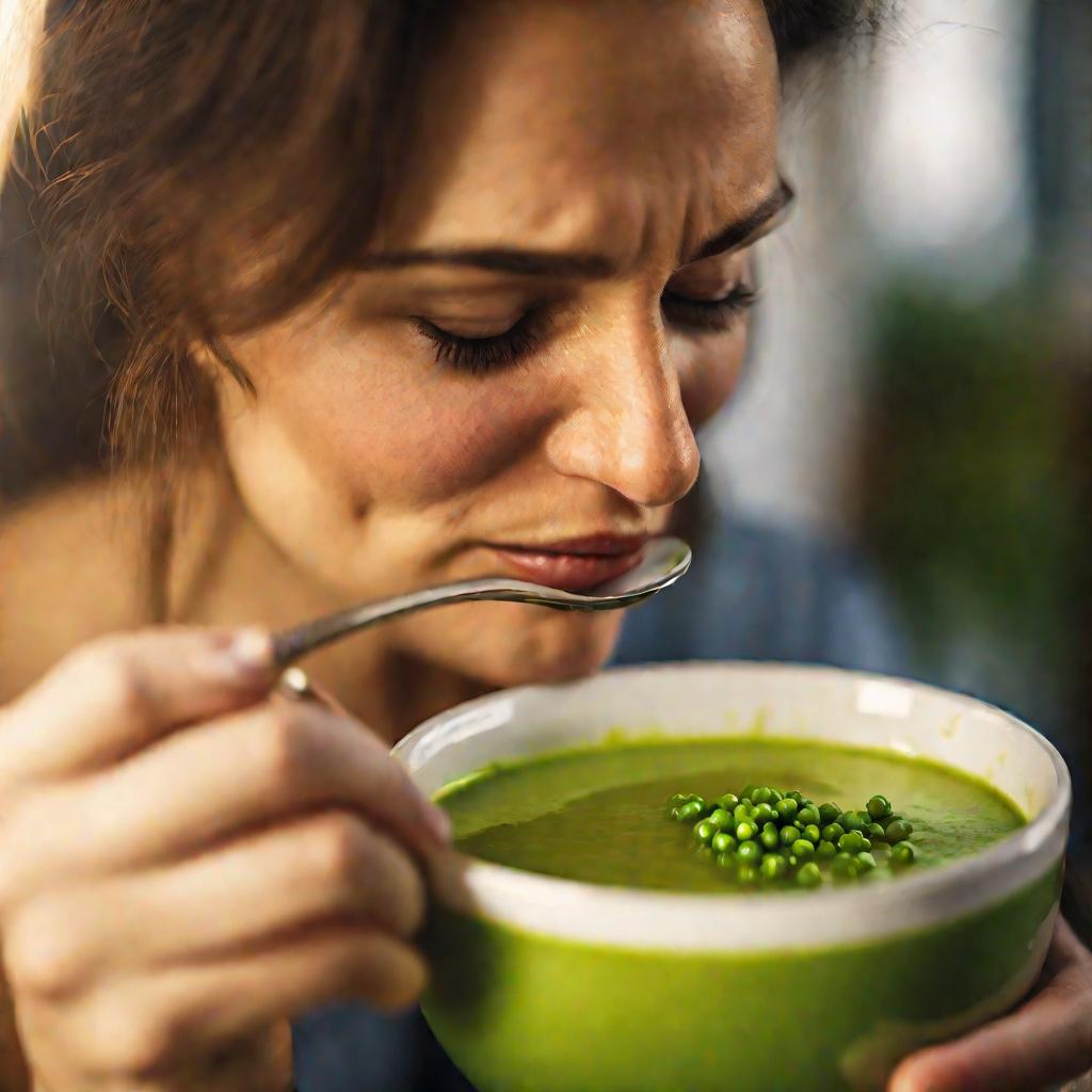 Женщина пробует суп из зеленого горошка и наслаждается вкусом.