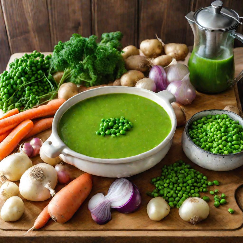 Овощи и ингредиенты для приготовления супа из зеленого горошка.