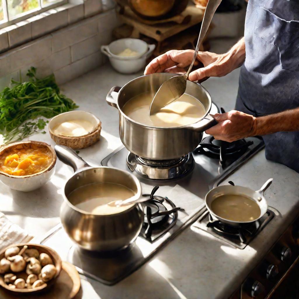 Повар добавляет сливки в кастрюлю с грибным супом