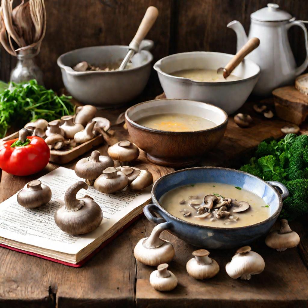 Нарезанные грибы и овощи для супа рядом с открытой книгой рецептов