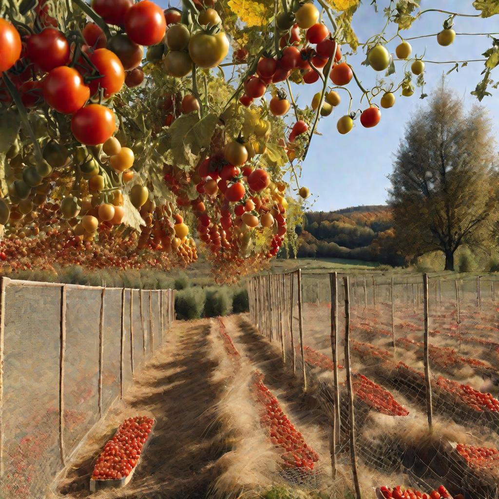 Сушка помидоров на солнце около загородного дома осенью