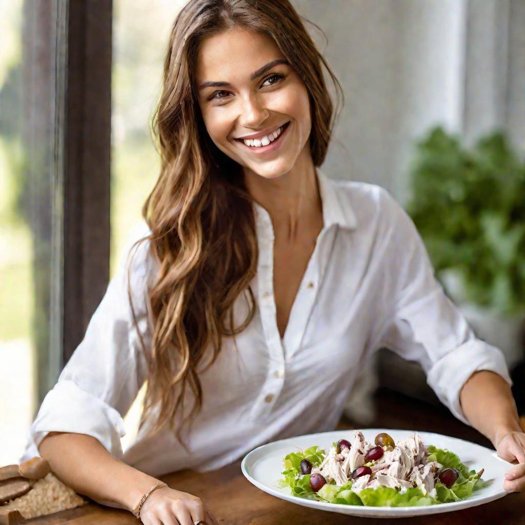 Девушка держит тарелку с салатом