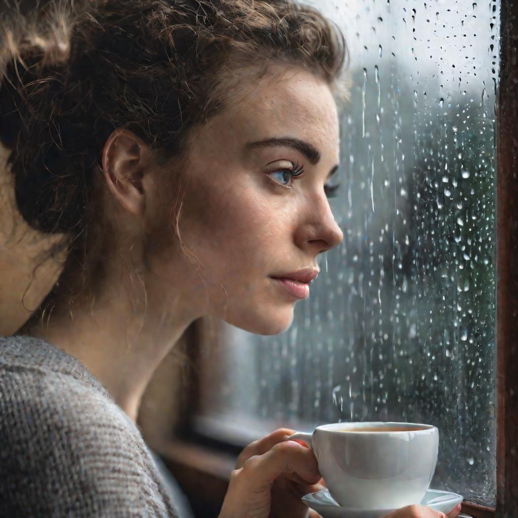 Девушка смотрит в окно, чашка чая в руках