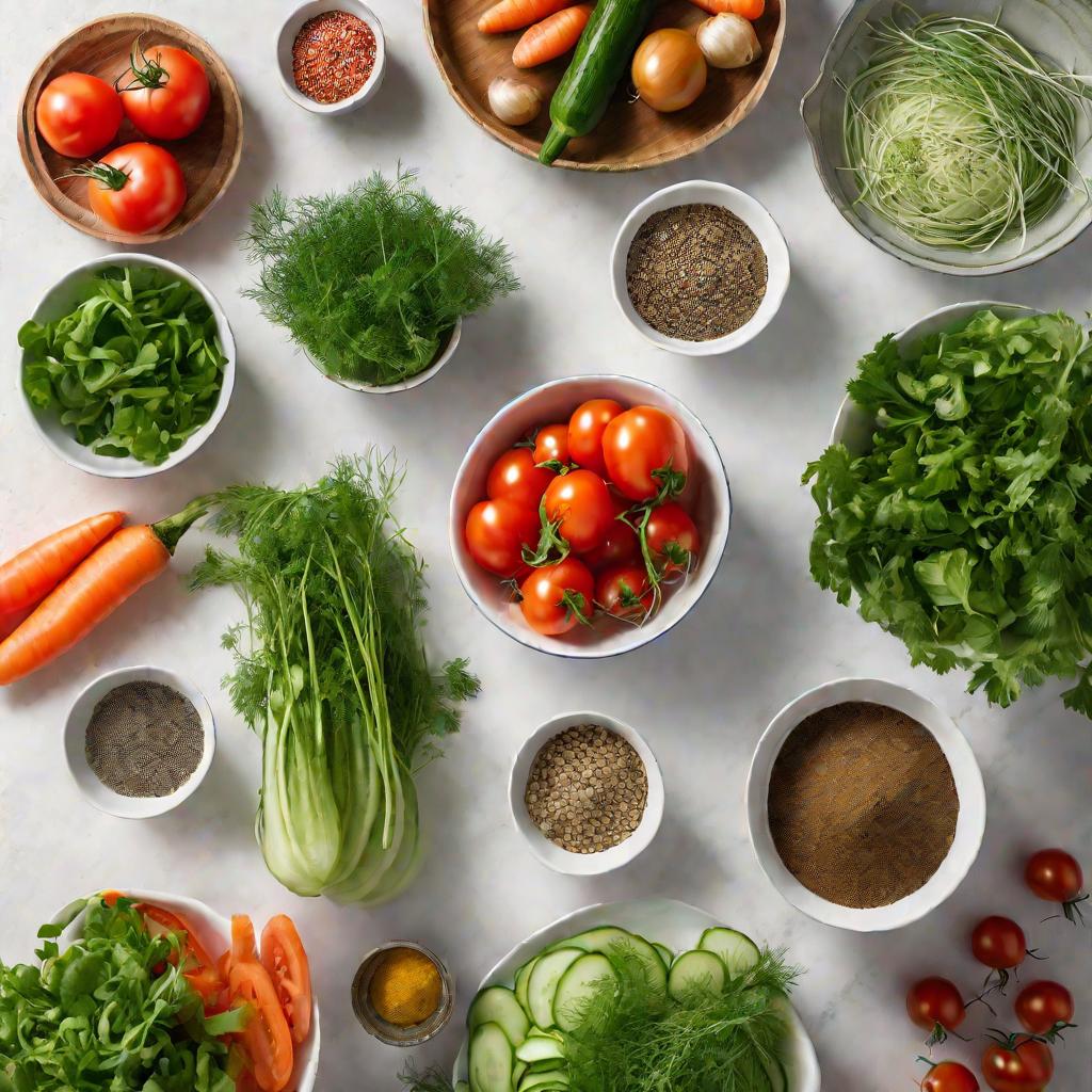 Вид сверху на разнообразные свежие овощи в мисках на кухонной стойке, среди них помидоры, огурцы, морковь, зелень и мисочка с семенами укропа как приправа для салата в ярком дневном свете