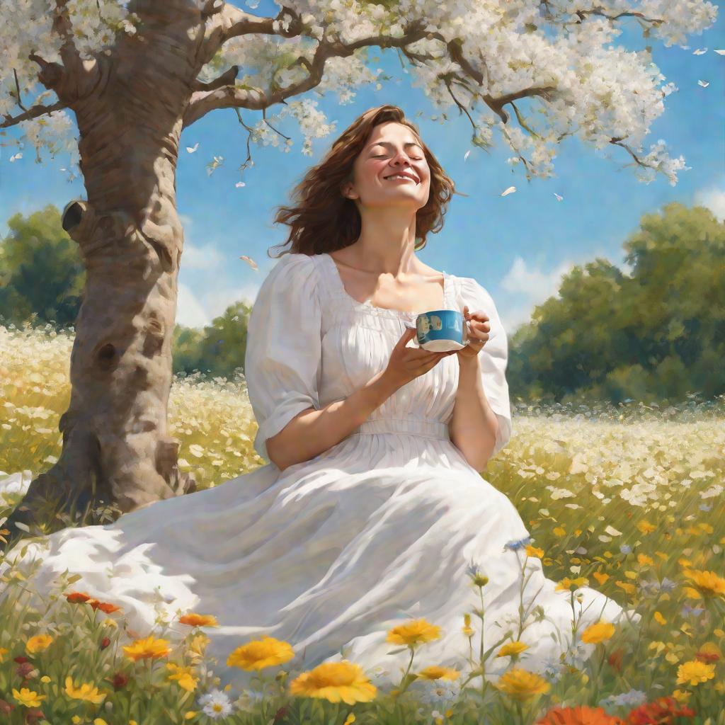 Женщина в белом платье сидит в цветочном поле под деревом, держа в руках чашку чая, с закрытыми глазами и легкой улыбкой на лице, на заднем плане голубое небо и солнечный свет. Рядом лежит мешочек с надписью