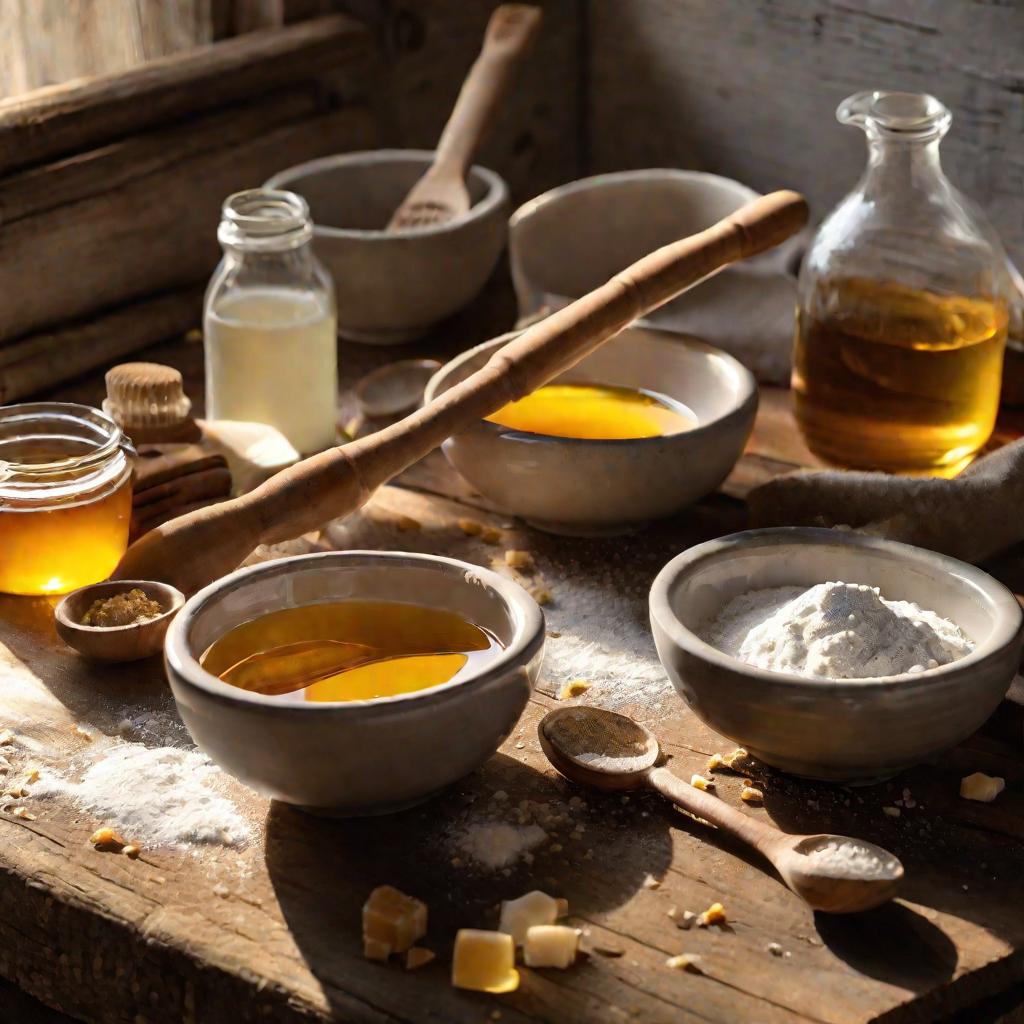 Ингредиенты для медовой лепешки расставлены в мисочках на деревянном столе в утреннем свете.