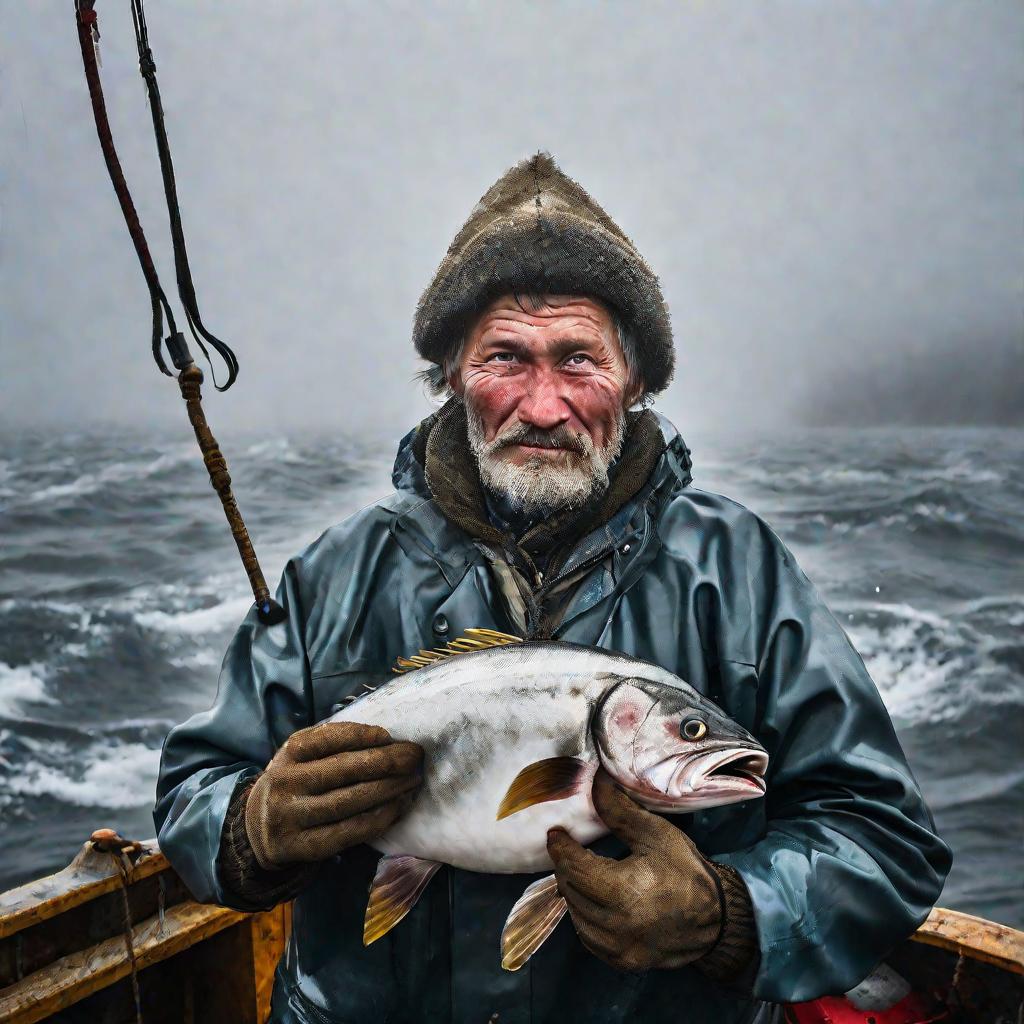 Рыбак с пойманным минтаем, портрет, туманный фон