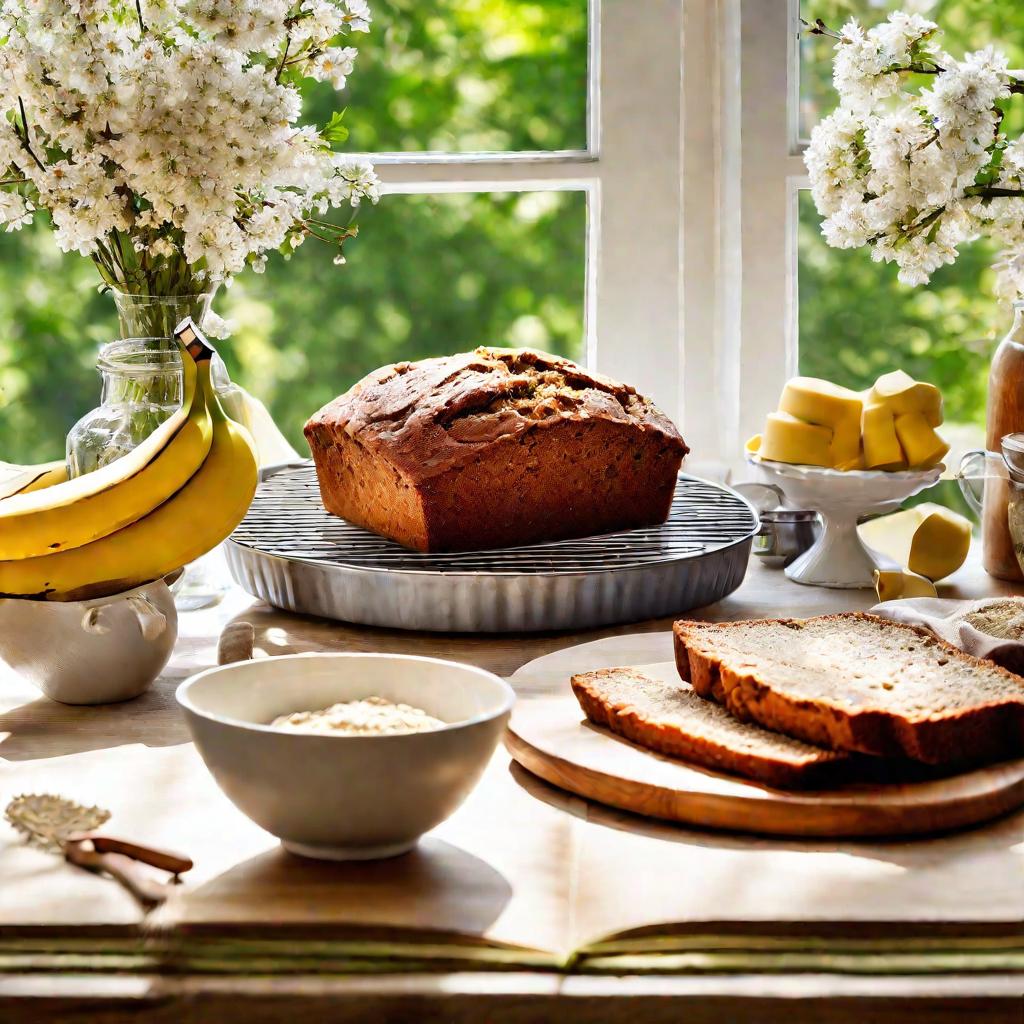 Солнечный весенний вид деревянного стола с ингредиентами для выпечки и кухонными принадлежностями для приготовления бананового хлеба. Есть большая миска, наполненная желтоватым тестом для бананового хлеба, венчик, мерные ложки, открытая поваренная книга. 