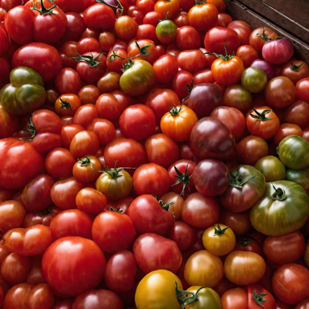 Прилавок на рынке, заваленный разноцветными помидорами