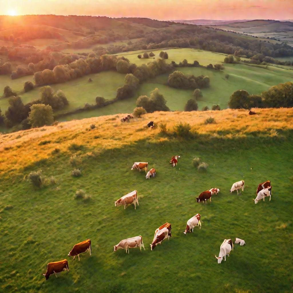 Вид сверху на зеленый пастбище с коровами на закате солнца