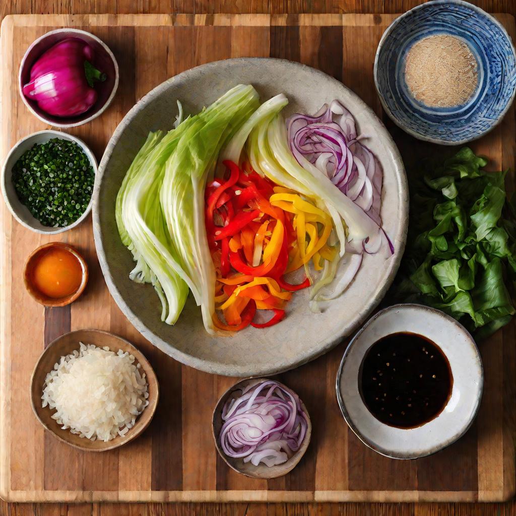 Нарезанные ингредиенты для салата с китайской капустой