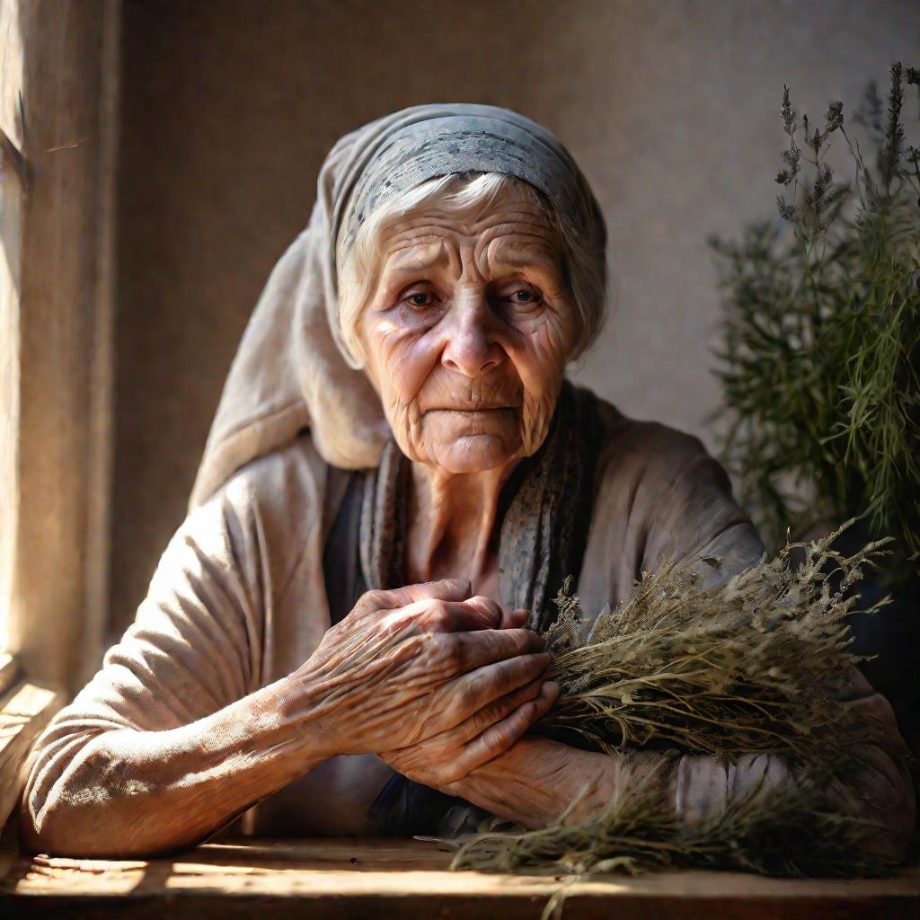 Пожилая женщина с болью на лице на фоне растений
