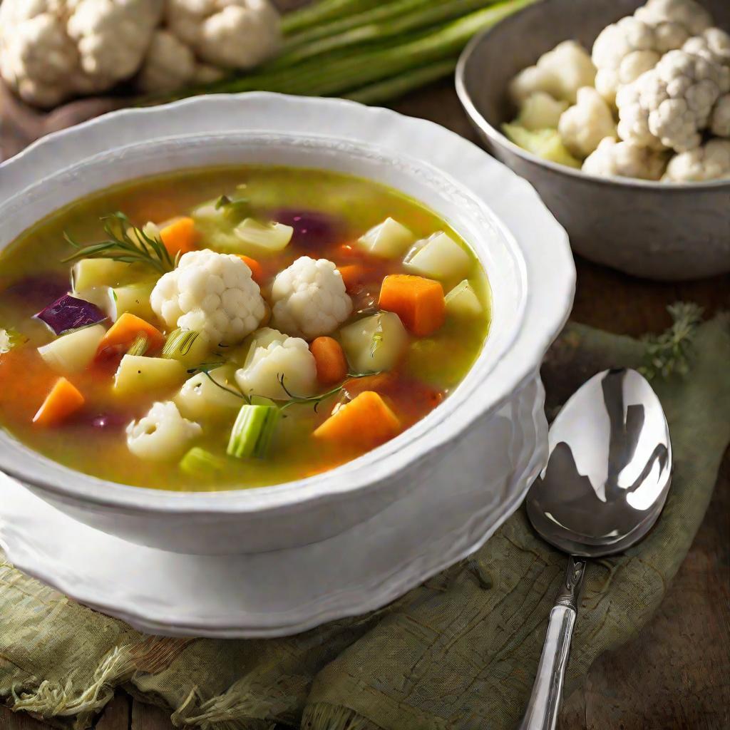 Овощной суп с цветной капустой, художественно поданный в белой миске