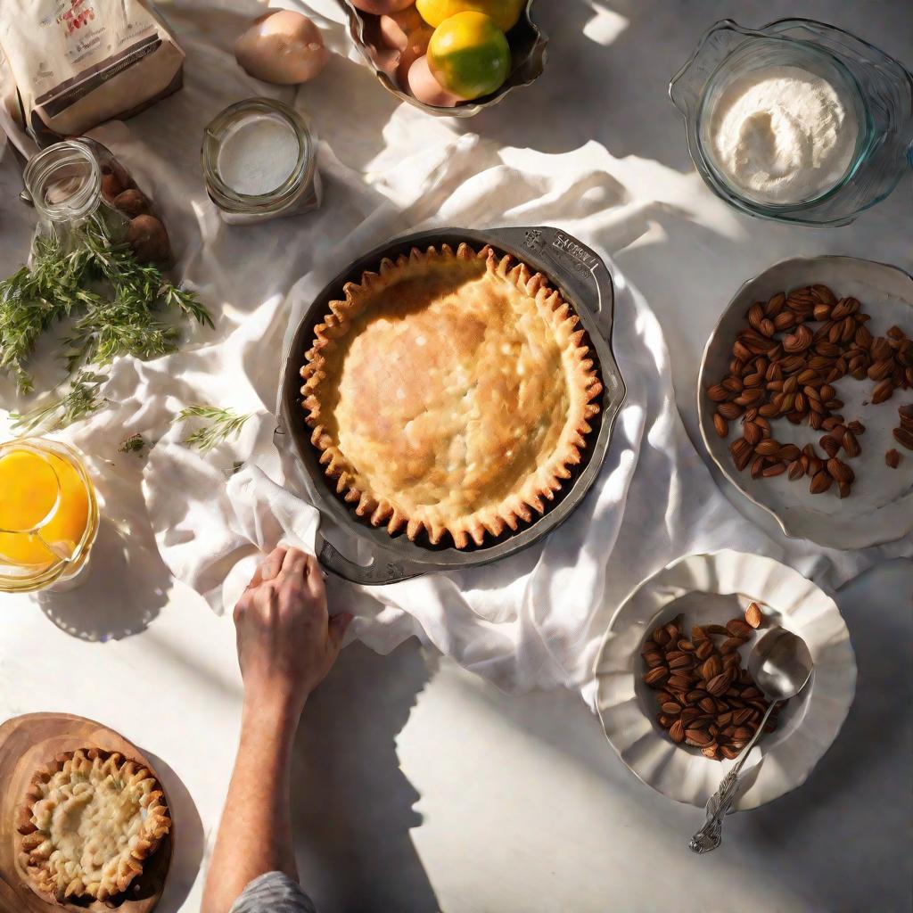 Средний вид сверху человека на кухне дома, счастливо выпекающего идеальный классический пирог на кефире, используя свежие высококачественные ингредиенты, в то время как солнце светит в окно в яркое весеннее утро