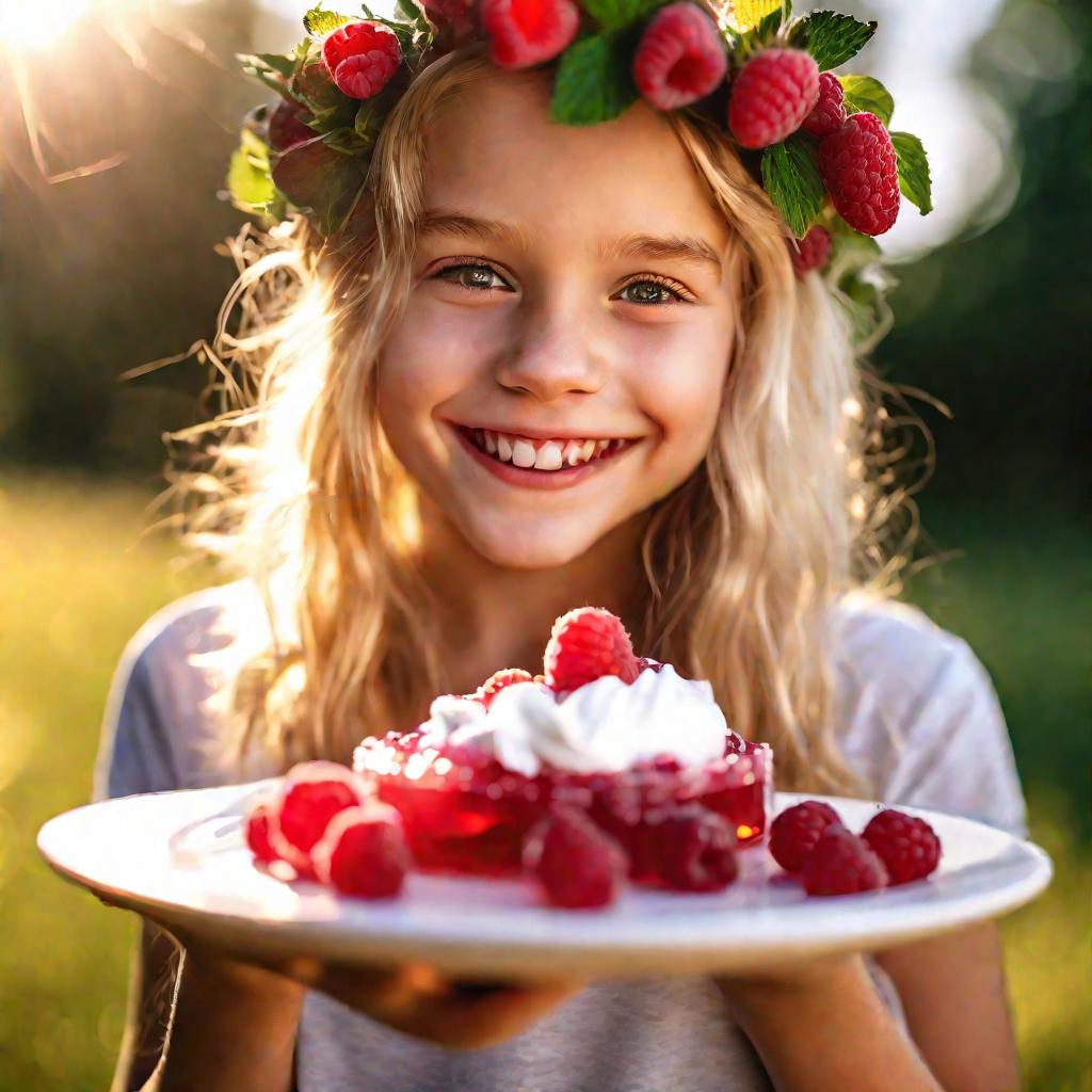 Портрет улыбающейся блондинки, едящей вкусное ягодное желе с взбитыми сливками и малиной, освещенной солнечным светом золотого часа летом. На ней венок из цветов.