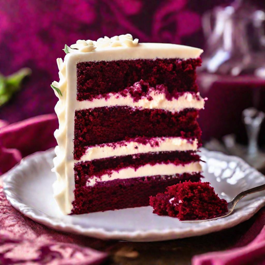 Кусок красного бархатного торта со свеклой на блюдце.