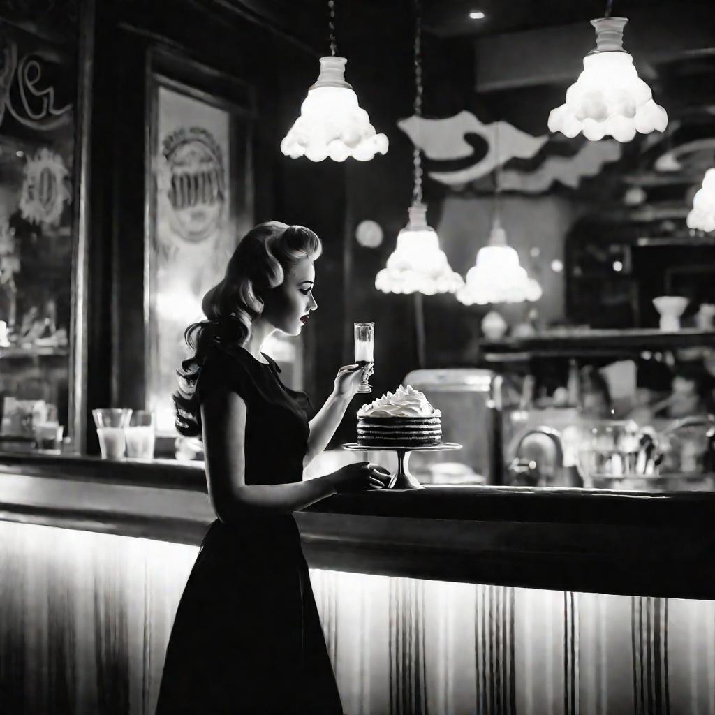 Черно-белая широкоформатная фотография в стиле нуар. Силуэт девушки, держащей высокий бокал с тортом, украшенным безе, сидящей за барной стойкой в мрачном ретро-кафе 50-х годов, освещенном лишь настенным бра