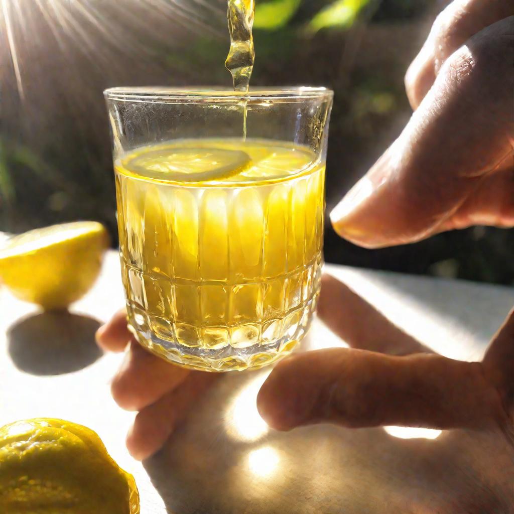 Рука, держащая стакан с золотистой настойкой чеснока с лимоном.