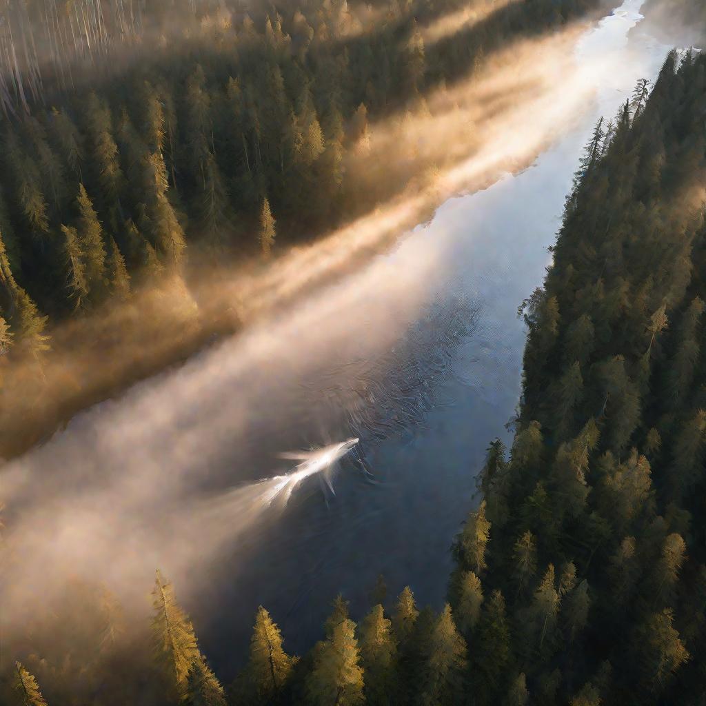 Лосось горбуша прыгает из реки на фоне хвойного леса на рассвете.