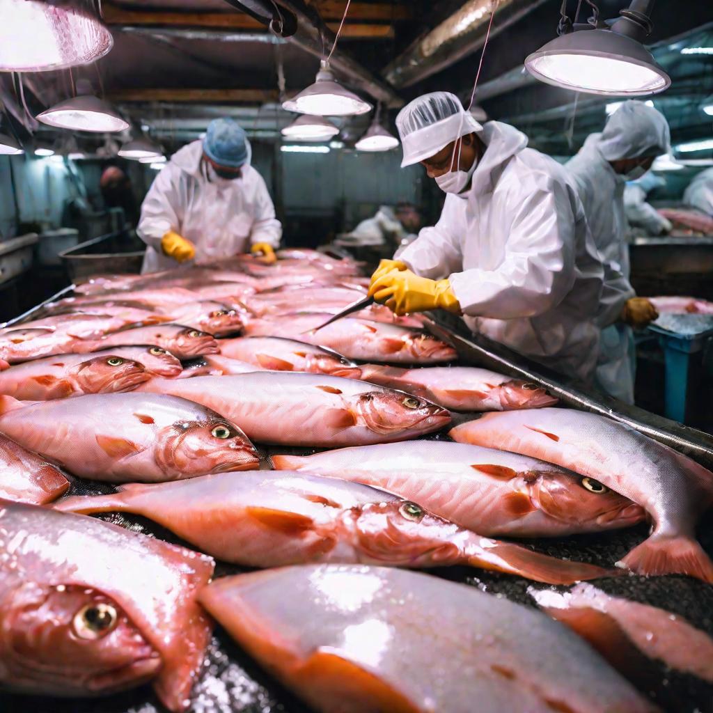 Молоки лосося тщательно проверяет продавец на рыбном рынке