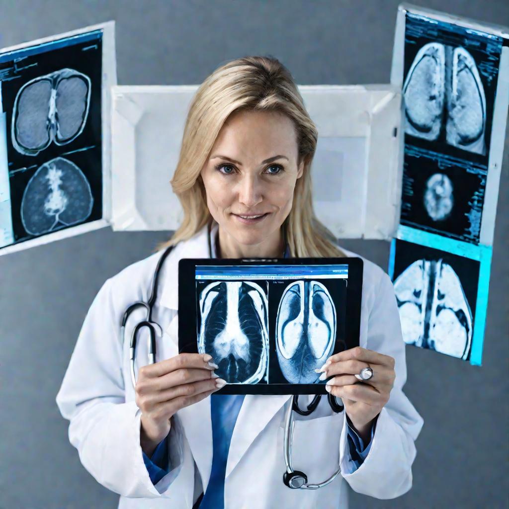 врач держит снимок УЗИ с изображением фибромы матки
