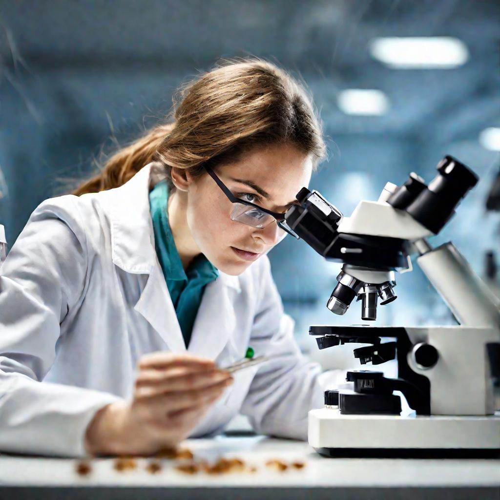 Женщина-ученый изучает перегородки под микроскопом