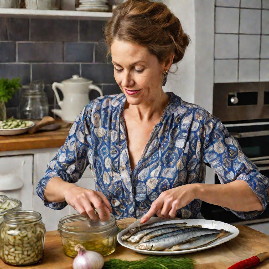Женщина готовит маринованную сельдь на кухне