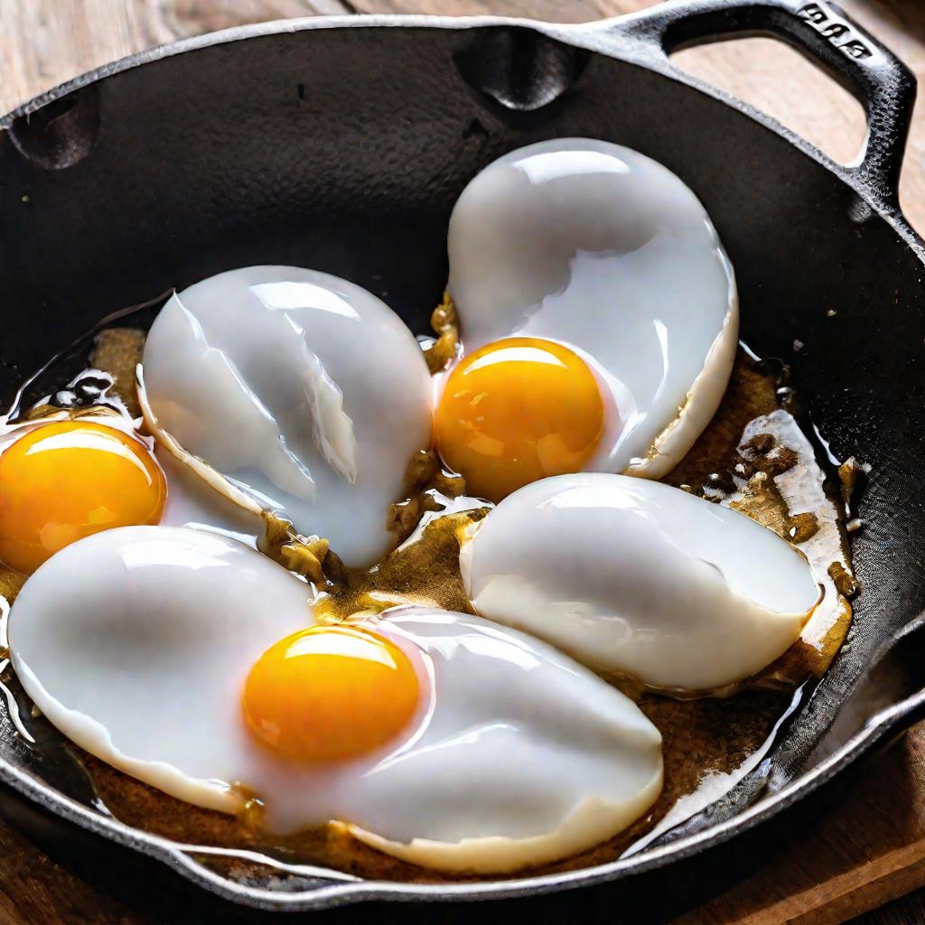 Два гусиных яйца, жарящихся в сковороде.
