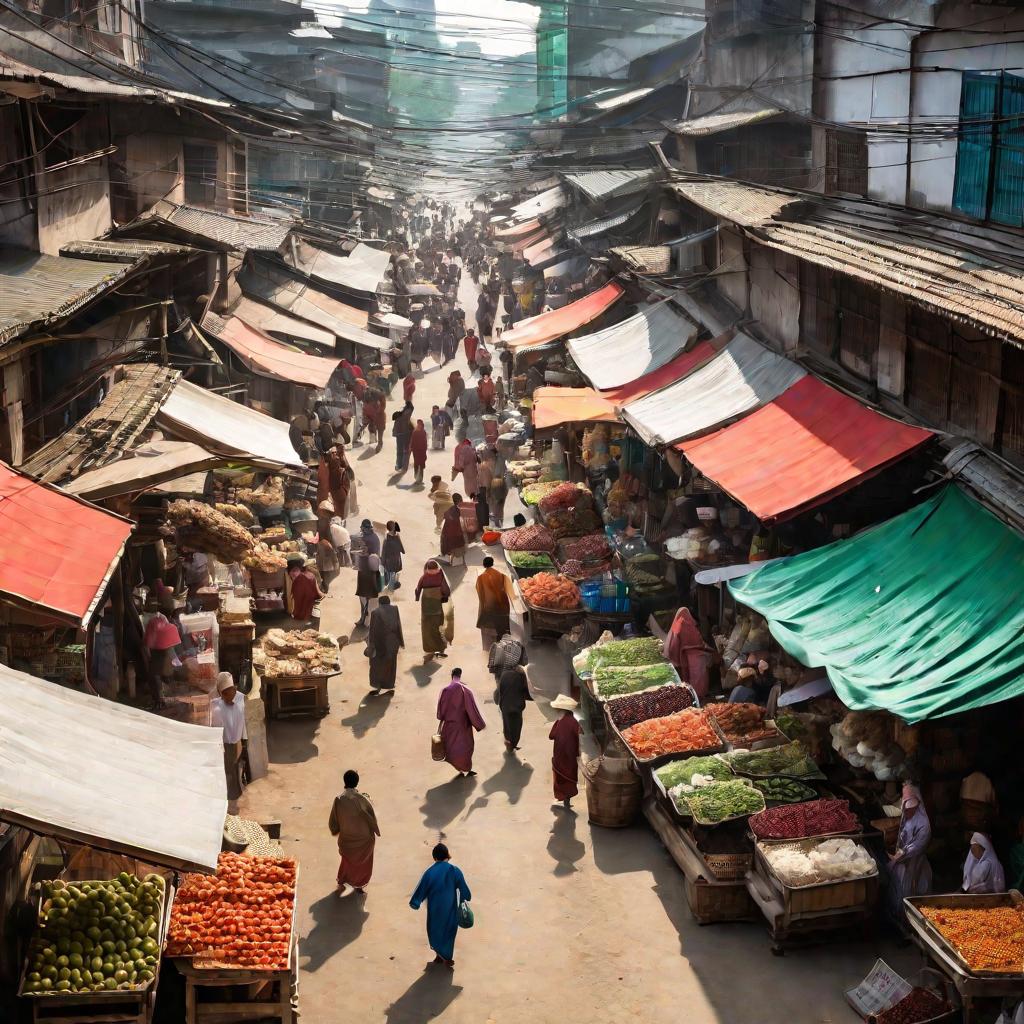 Уличный рынок в Азии с обилием овощей, фруктов и соевого мяса