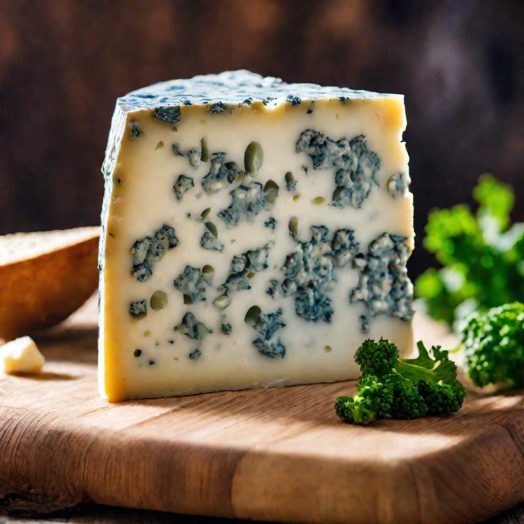 Ломтик голубого сыра с плесенью на доске