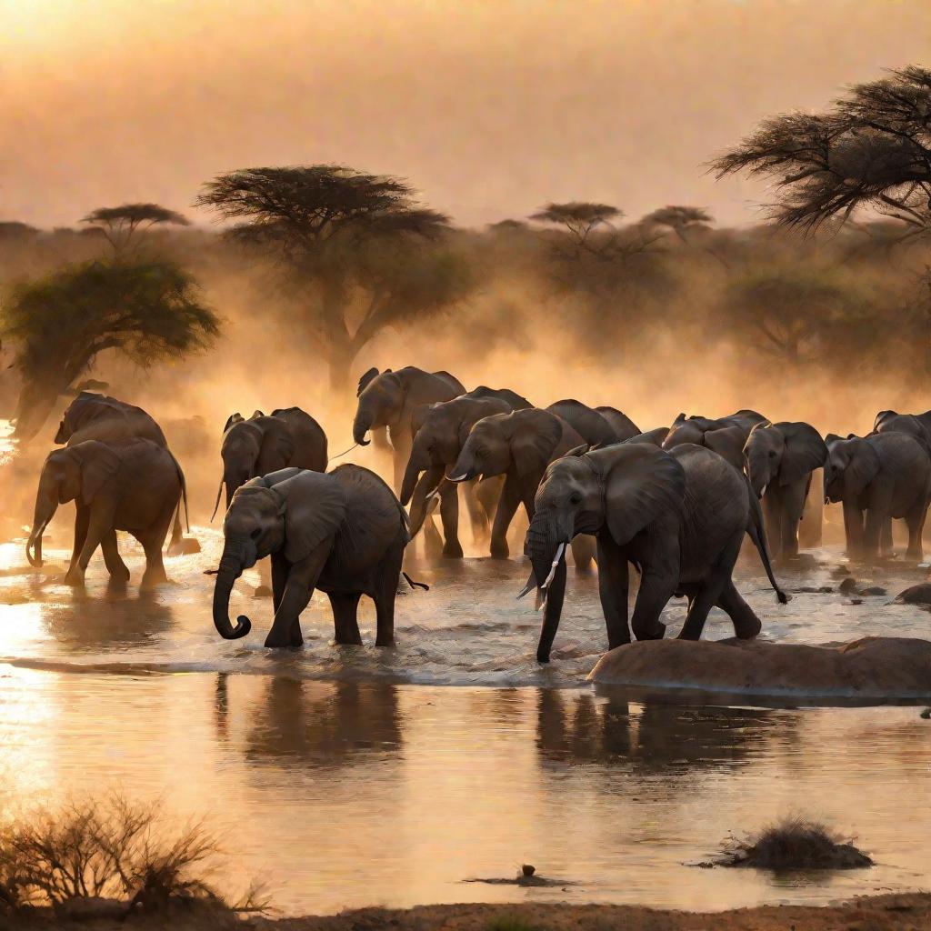 Стадо слонов переходит реку на рассвете