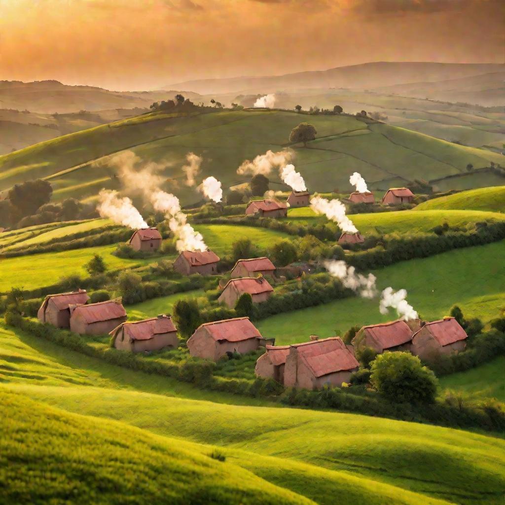 Деревенский пейзаж с домами и дымом из печных труб