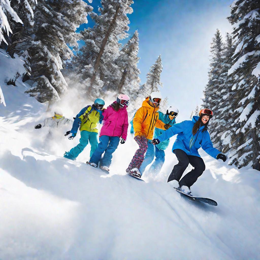 Группа друзей катается на сноубордах по заснеженному склону с деревьями