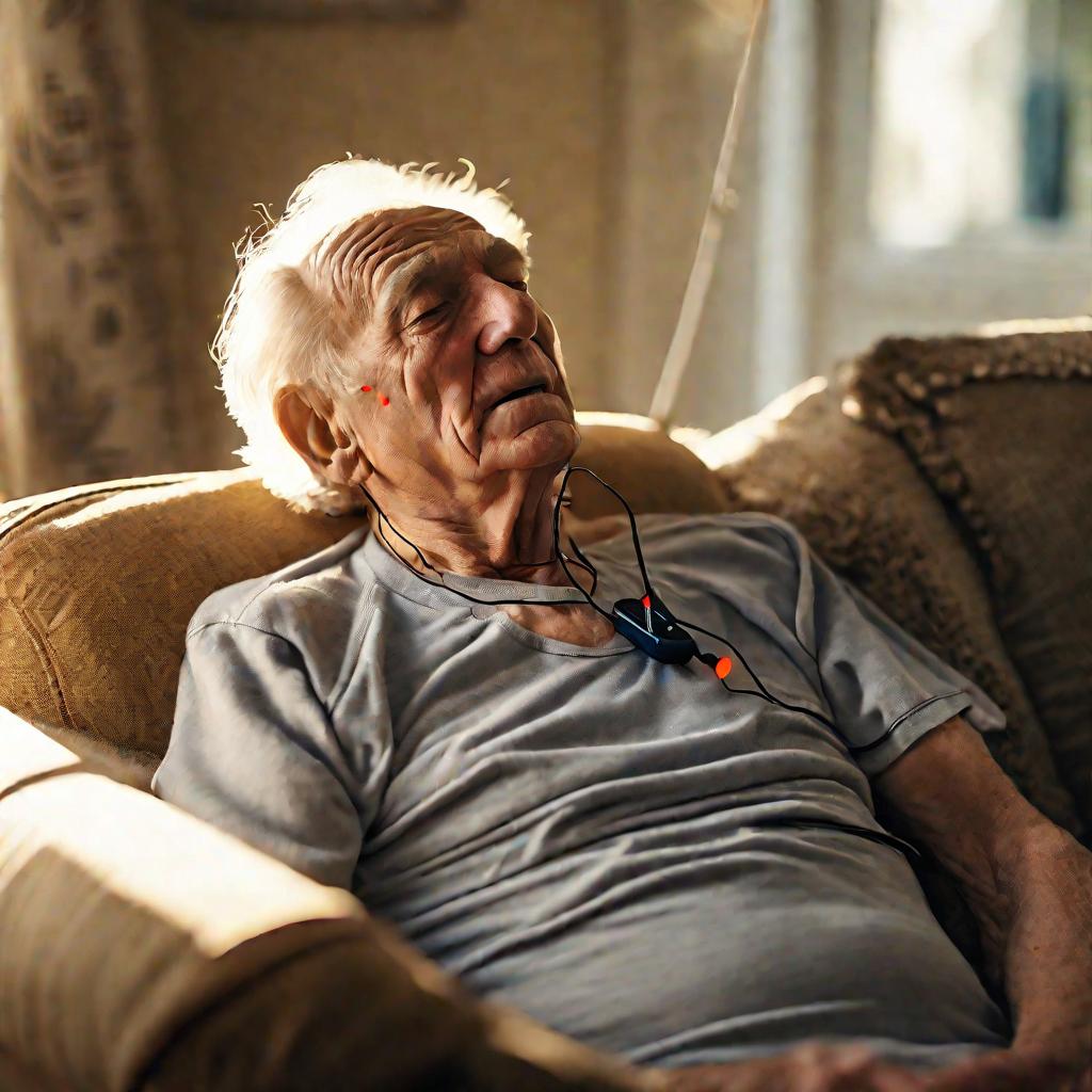 Пожилой мужчина сидит на диване в гостиной днем с подключенным к груди монитором сердечного ритма, показывающим тахикардию.