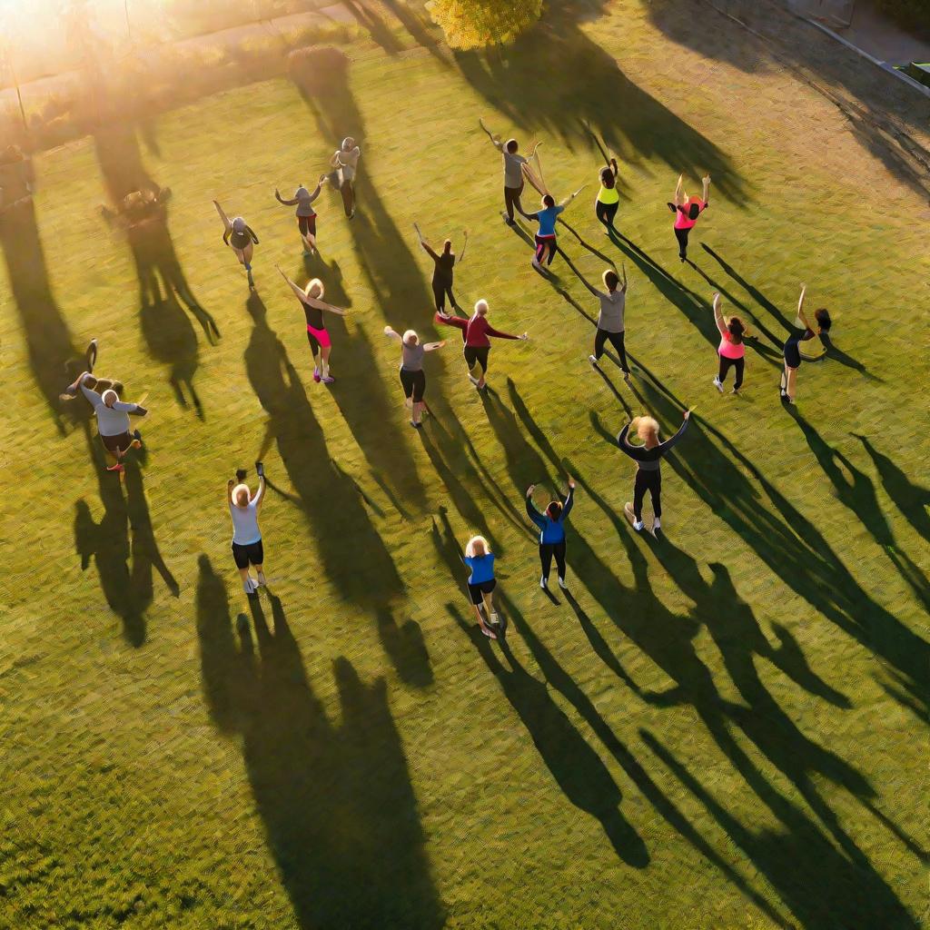 Группа людей разного возраста делают утреннюю зарядку на траве в парке на рассвете.